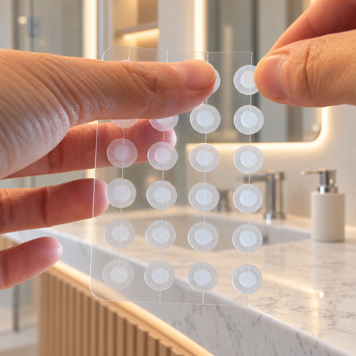 Boîte de 117 patchs hydrocolloïdes DotPop Labs dans une salle de bain